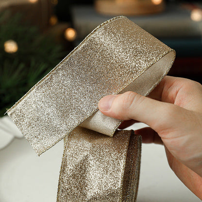 New Gold Onion Cloth Christmas Ribbon Gold Powder Decorative Bow Material Christmas Wire Edge Weaving Ribbon Decoration
