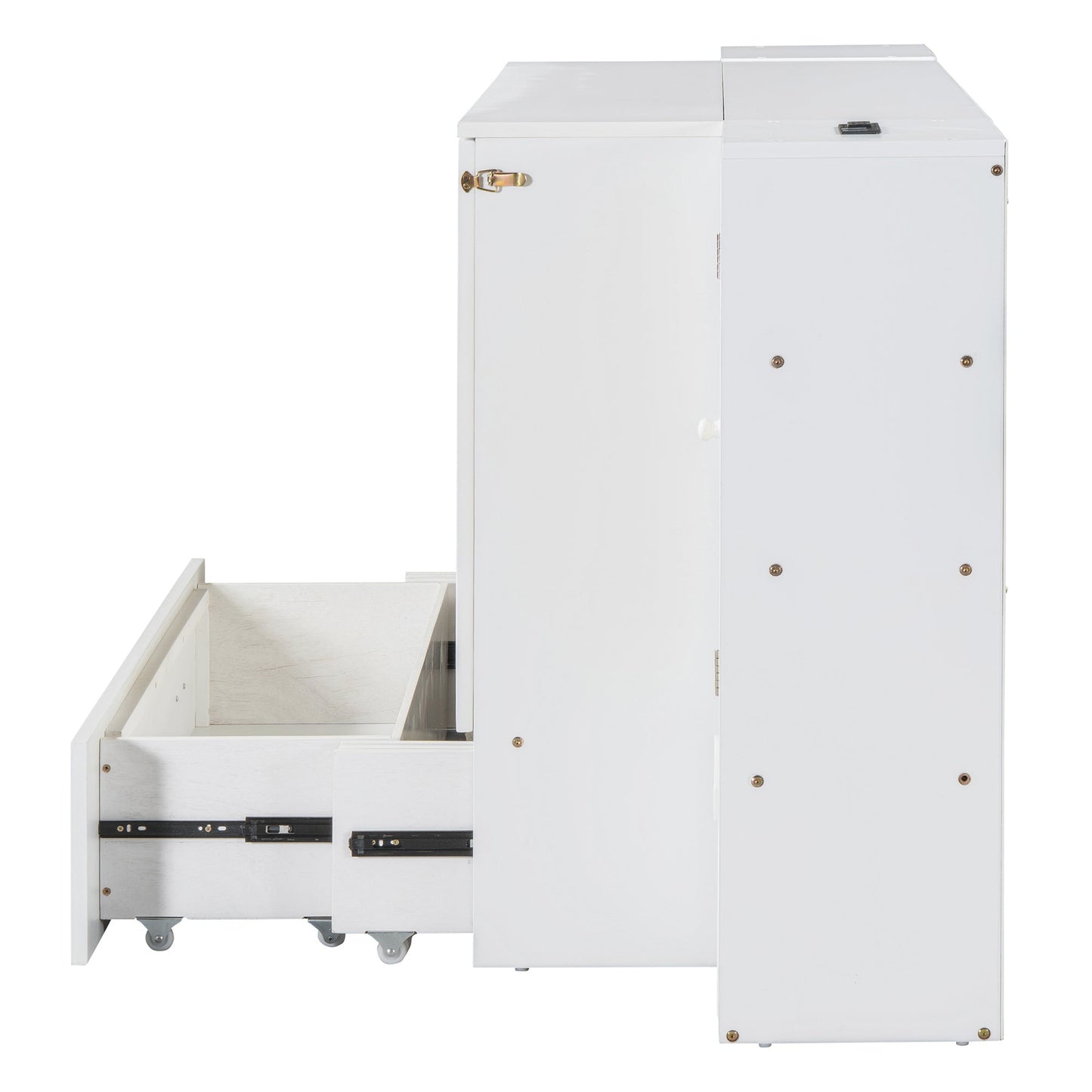 Large Murphy bed wall mounted bed with drawers, 2 storage cabinets, 1 set of sockets and USB ports, white