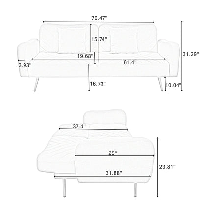 70.47" Gray Fabric Double Sofa with Split Backrest and Two Throw Pillows