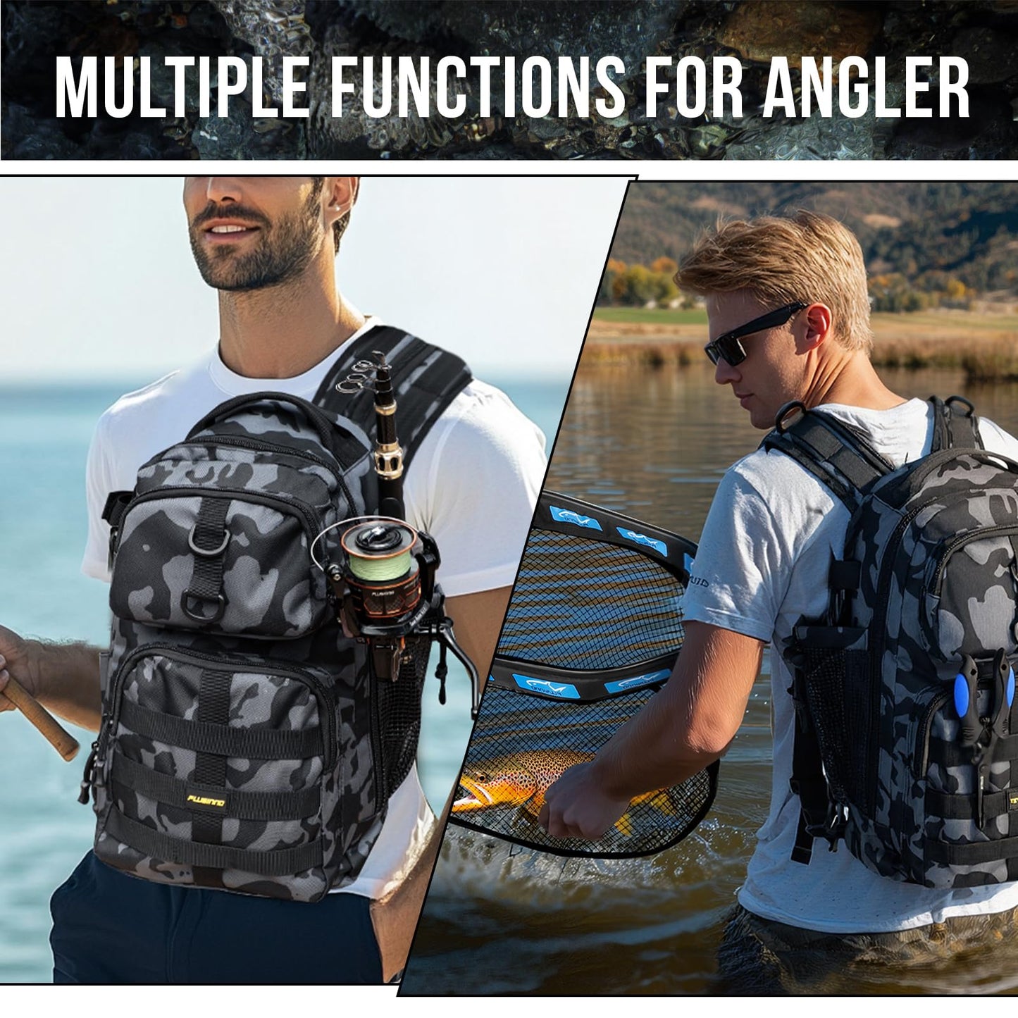 PLUSINNO Fishing Backpack with Tackle Boxes, Waterproof Fishing Sling Tackle Bag For Fishing Gear With Rod Holder, Fishing Gifts for Men With Fishing lures, Fishing pliers, Fish Lip Gripper.