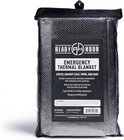 Ready Hour Thermal Survival Blanket 50” x 79” Lightweight, Waterproof, Windproof, Reflective Blanket for Camping, Hiking, and Emergency Preparedness