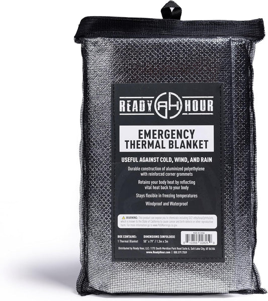 Ready Hour Thermal Survival Blanket 50” x 79” Lightweight, Waterproof, Windproof, Reflective Blanket for Camping, Hiking, and Emergency Preparedness
