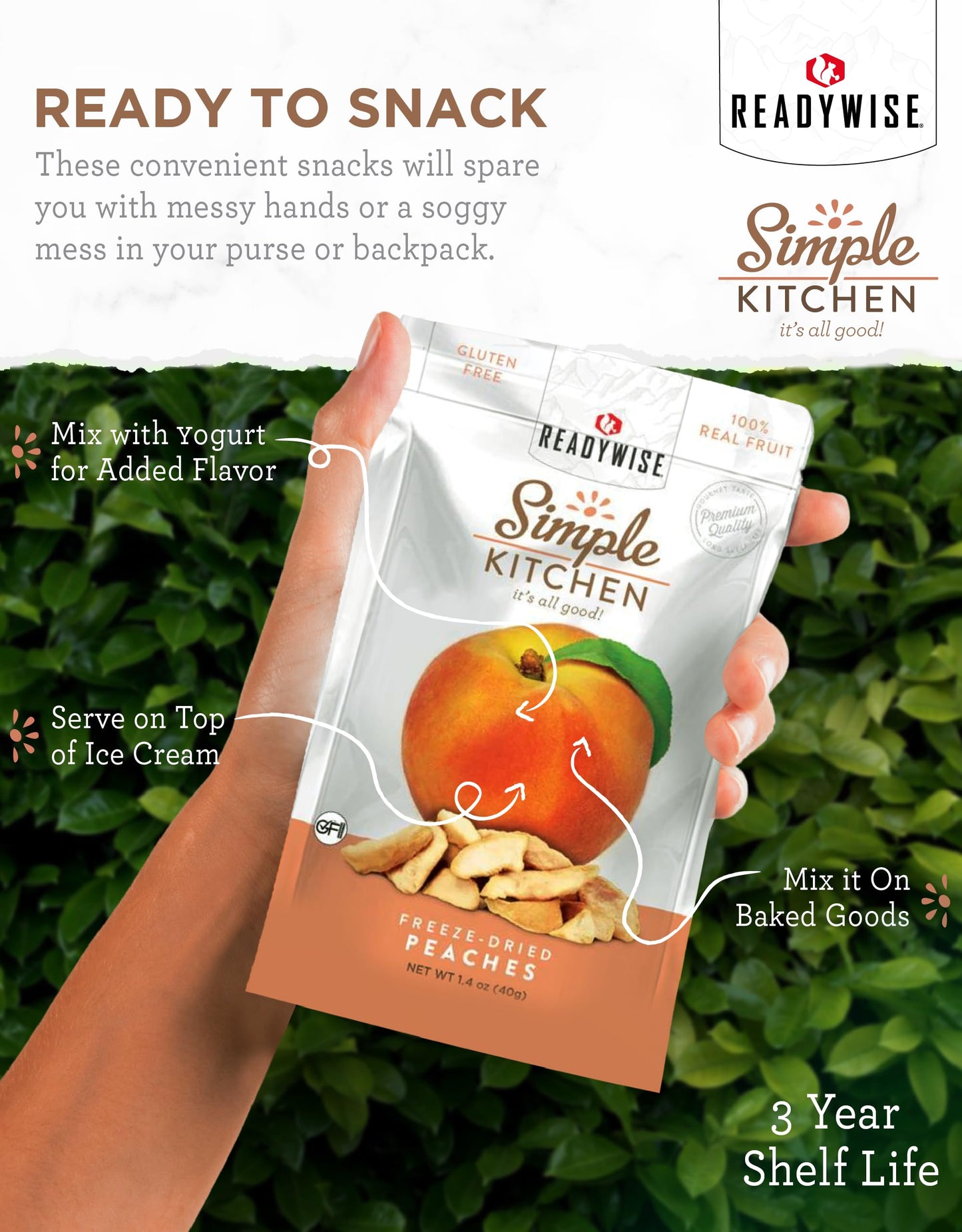 READYWISE - Simple Kitchen, Freeze-Dried Peaches, 1.16 oz, Pack of 6, Vegetarian, Gluten Free, Snacks, Peaches, Dried Fruit, Pre Workout, Healthy Snacks, Camping, Backpacking, Survival Food