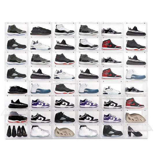 Ollie XL Shoe Storage Boxes – Foldable and Stackable Shoe Storage Organizer – Black Hard Plastic Big Shoe Storage Box For Up to Size 13 – Acrylic Shoe Box for Jordan, Sneakers, Boots (Black, 24-Pack)