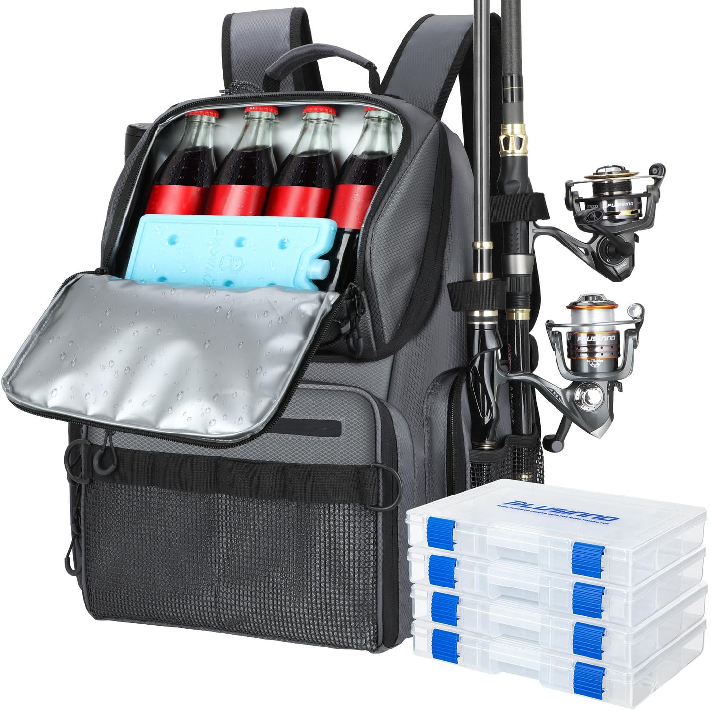 PLUSINNO Cooler Fishing Backpack with Rod Holders 45L Large Water-resistant Fishing Tackle bag Store Fishing Gear Fishing Gifts for Men Father, Sport Bags