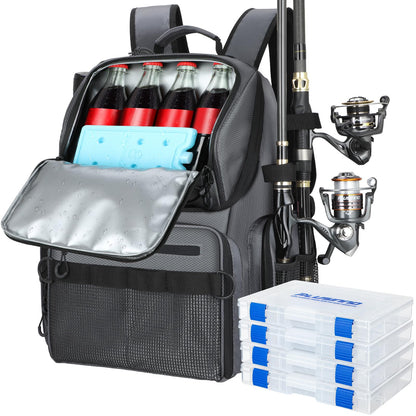 PLUSINNO Cooler Fishing Backpack with Rod Holders 45L Large Water-resistant Fishing Tackle bag Store Fishing Gear Fishing Gifts for Men Father, Sport Bags