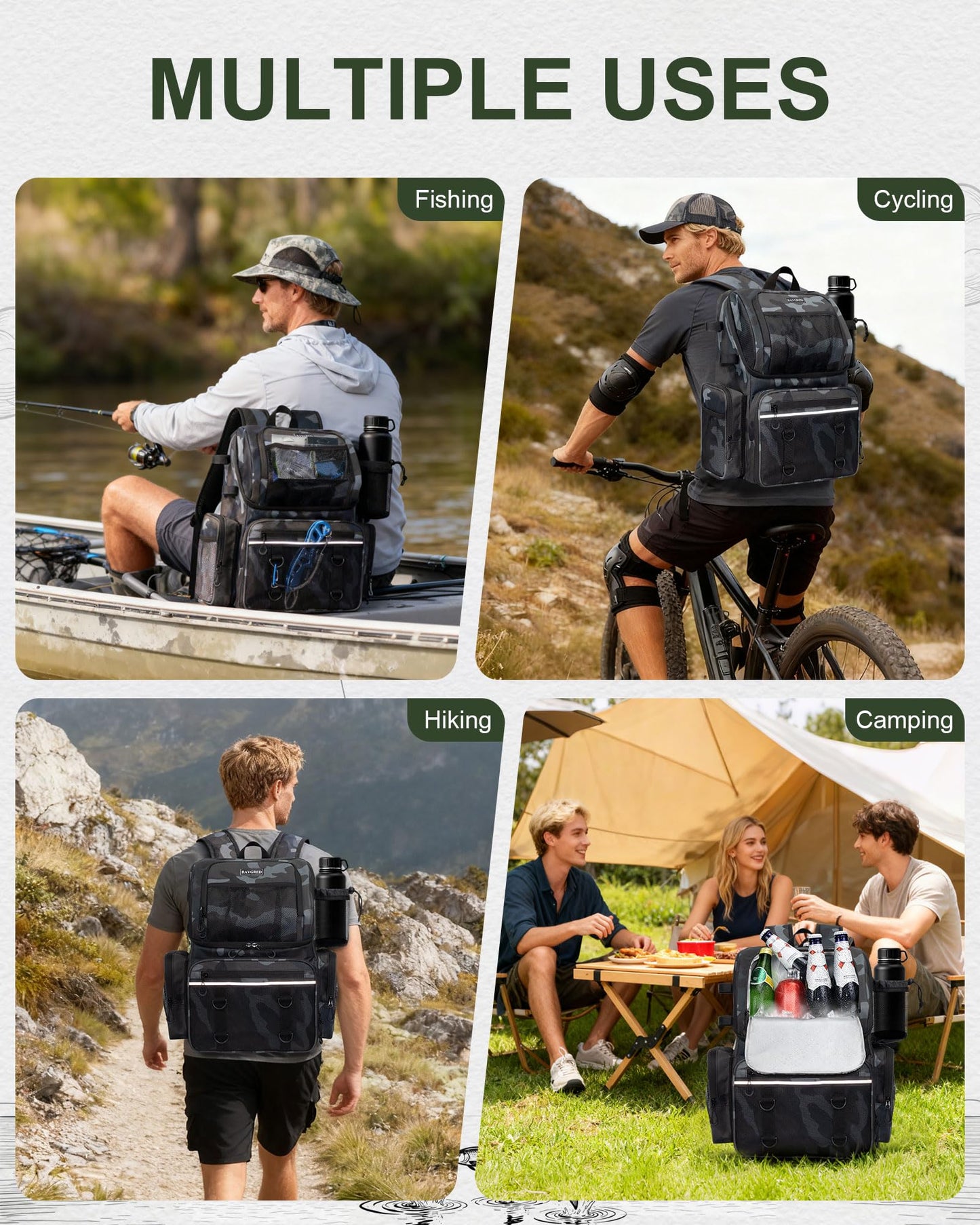 BAVGRED Fishing Backpack, Large Water Resistant Tackle Bag Storage Fishing Gear and Equipment, Built-in Cooler Compartment Grey