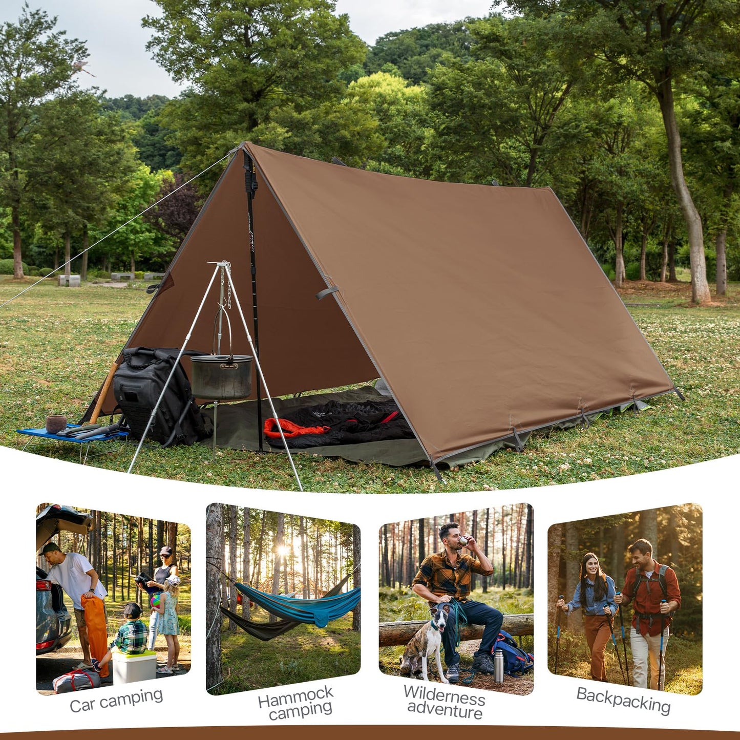 Camping Tarp Tent Portable Multifunctional Bushcraft Backpacking Tear-Resistant Fabric Rain Fly Tarps Awning Shelter Lightweight Waterproof Tarp(10×10 tarp)