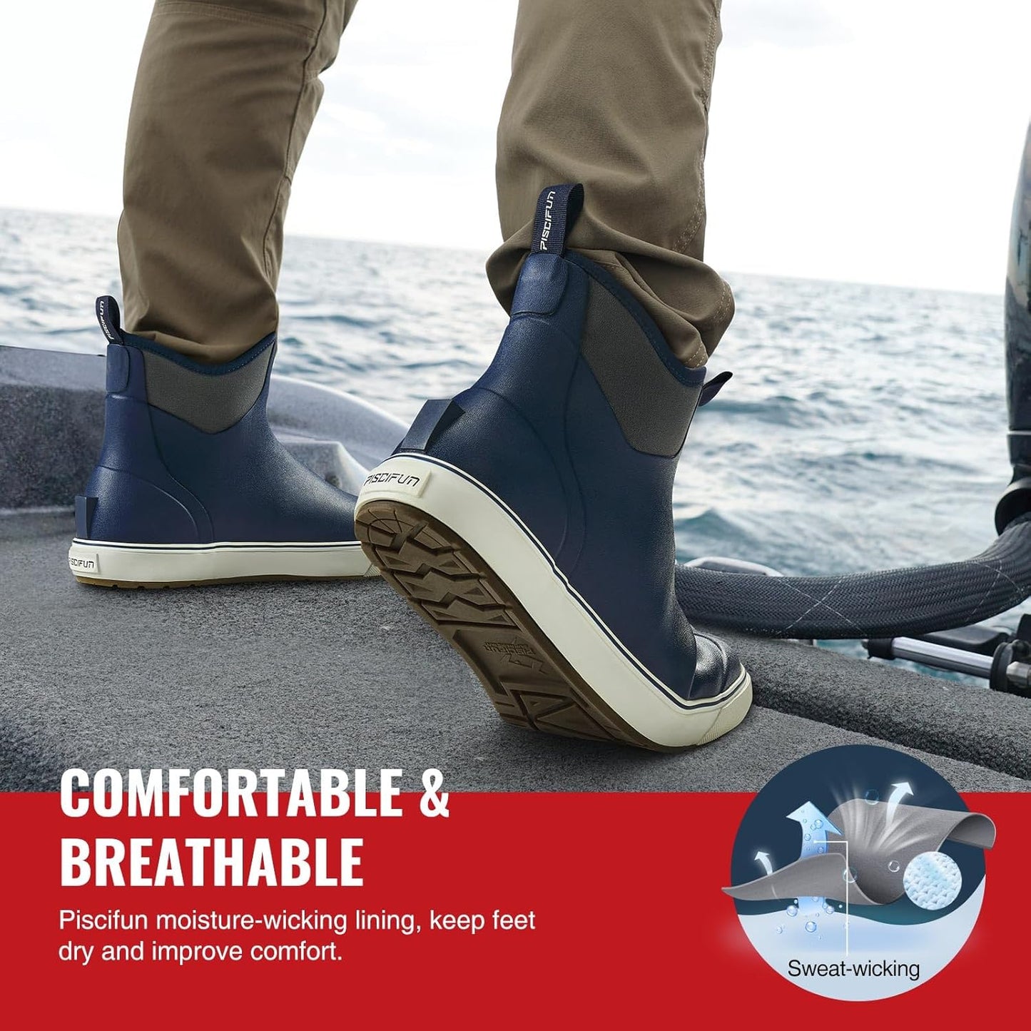 Piscifun Men’ s Deck Boots, Waterproof Fishing Rain Boots, Anti-Slip Rubber Boots with Breathable Neoprene Lining