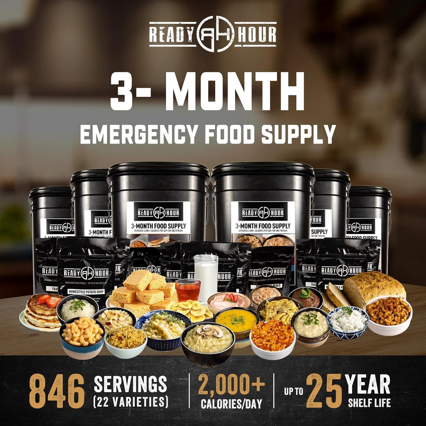 Ready Hour 3-Month Emergency Food Supply (846 Servings), 3-Month Kit, Food Storage Meal Entrées, Real Non-Perishable Meals, 25-Year Shelf Life Food, Portable Flood-Safe Container