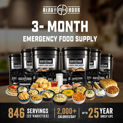 Ready Hour 3-Month Emergency Food Supply (846 Servings), 3-Month Kit, Food Storage Meal Entrées, Real Non-Perishable Meals, 25-Year Shelf Life Food, Portable Flood-Safe Container