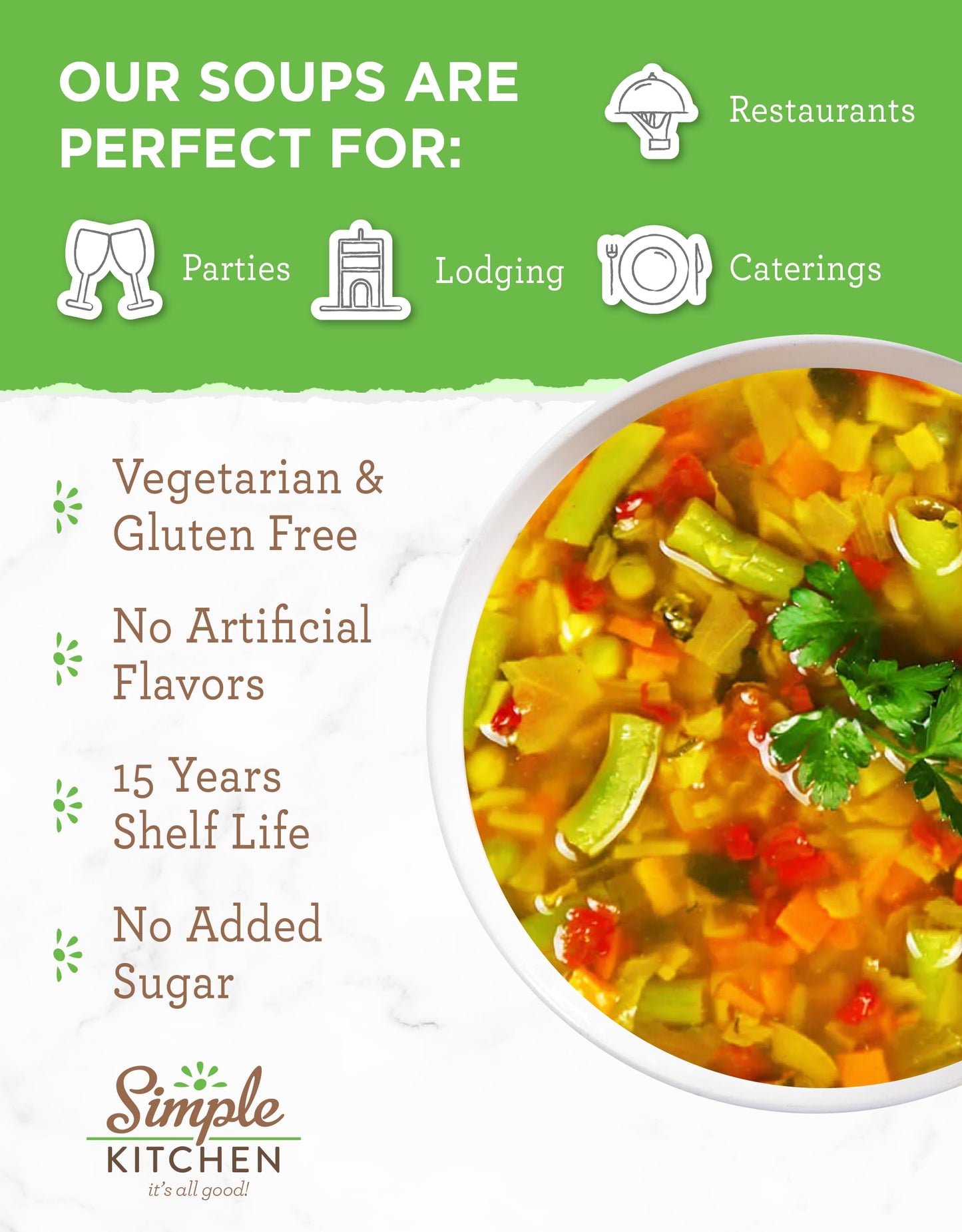 Simple Kitchen Garden Vegetable Soup Mix - 17 Servings for Meal Prep, Gluten Free, Vegetarian, Dehydrated & Freeze Dried Survival Food for Camping Meals, Backpacking & Hiking, Survival Kit, Pack of 4