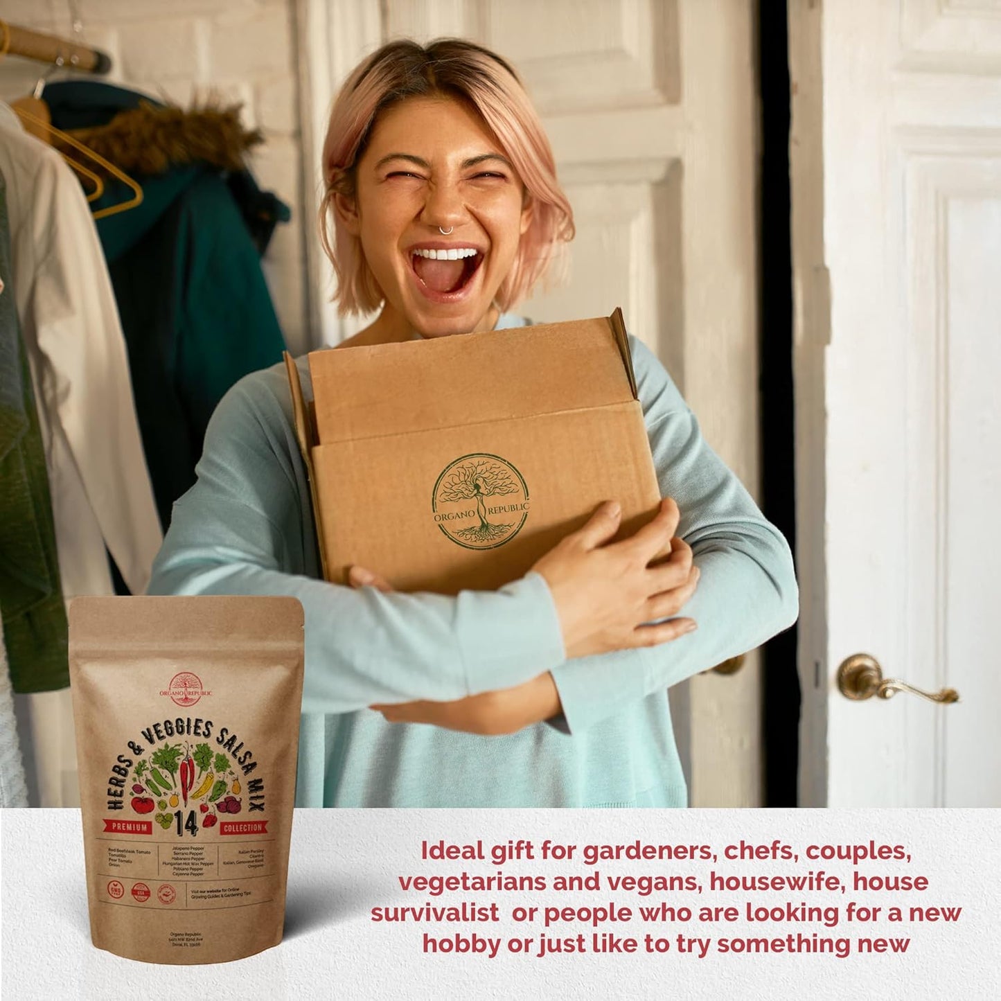 Organo Republic 14 Herb, Tomato & Chili Pepper Gardening Seeds Salsa Variety Pack for Outdoors & Indoor Garden 5180+ Non-GMO Heirloom Seeds Cilantro, Basil, Oregano, Parsley, Onion, Pepper Tomato Seed