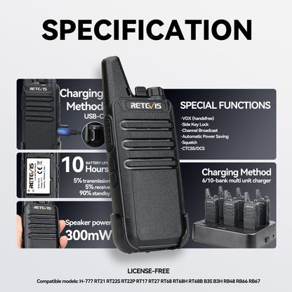 Retevis RT22 Walkie Talkies Rechargeable Hands Free 2 Way Radios Two-Way Radio(6 Pack) with 6 Way Multi Gang Charger