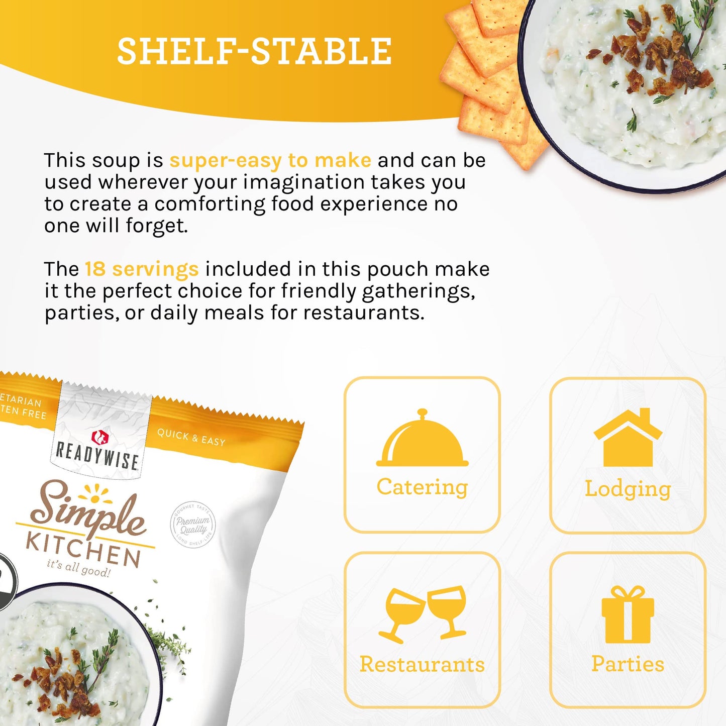 READYWISE - Simple Kitchen, Tomato Basil Soup, 17 Servings, MRE, Gluten Free, & Vegetarian, Food, Soup Mix, for Events, Hiking, Emergency Food Supply, Camping Essentials, or Daily Use, 1 Pack