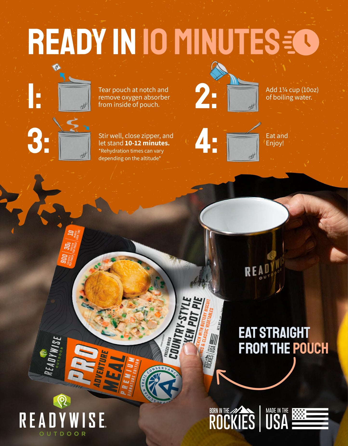 ReadyWise Outdoor Pro Adventure Meal - Country-Style Chicken Pot Pie, 2 Servings, 1 Pouch, 900 Calories, 30g Protein, Freeze Dried Food & Dehydrated Backpacking Camping Meals, up to 5 Year Shelf Life