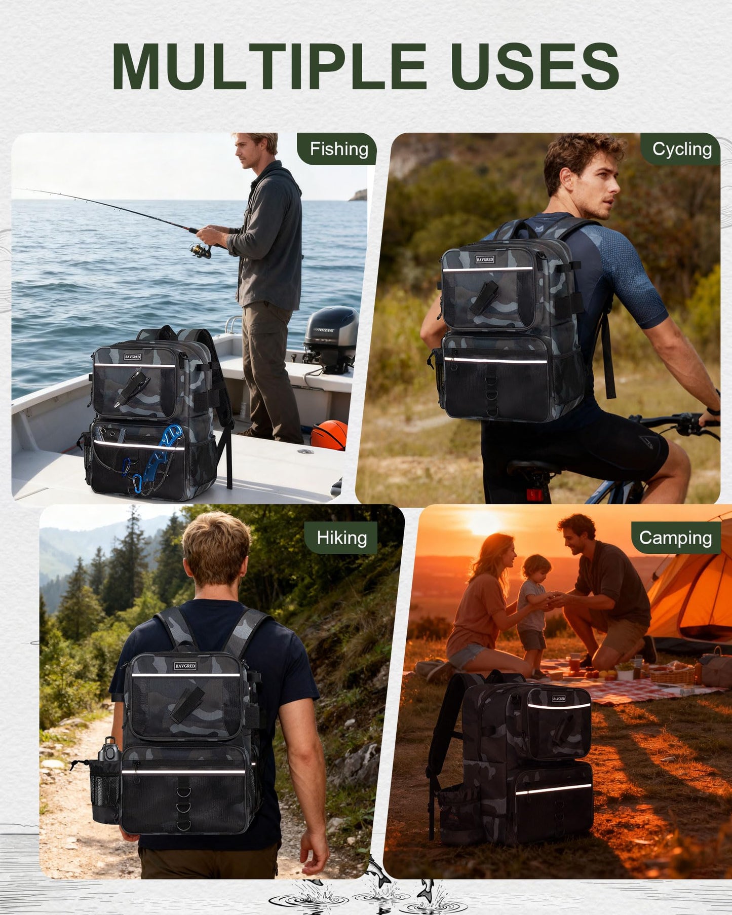 BAVGRED Fishing Backpack with Removable Bait Binder, Large Water Resistant Tackle Bag Storage Gear and Equipment for Fishing, Camping, Hiking, Grey