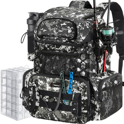 Piscifun Fishing Tackle Backpack with Rod Holders & 4 Tackle Boxes, 42L Outdoor Fishing Bag with Waterproof Rain Cover