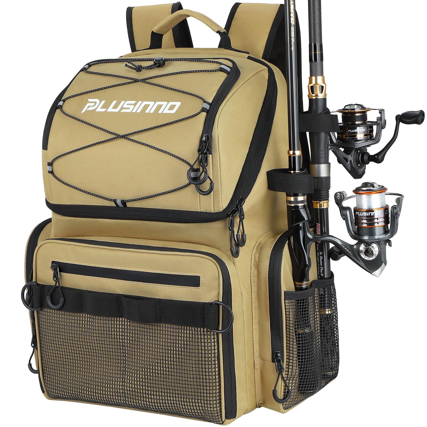 PLUSINNO Cooler Fishing Backpack with Rod Holders 45L Large Water-resistant Fishing Tackle bag Store Fishing Gear Fishing Gifts for Men Father, Sport Bags