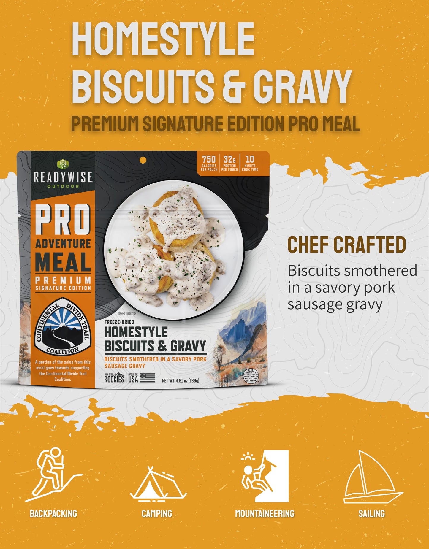 ReadyWise Outdoor Pro Adventure Meal - Country-Style Chicken Pot Pie, 2 Servings, 1 Pouch, 900 Calories, 30g Protein, Freeze Dried Food & Dehydrated Backpacking Camping Meals, up to 5 Year Shelf Life