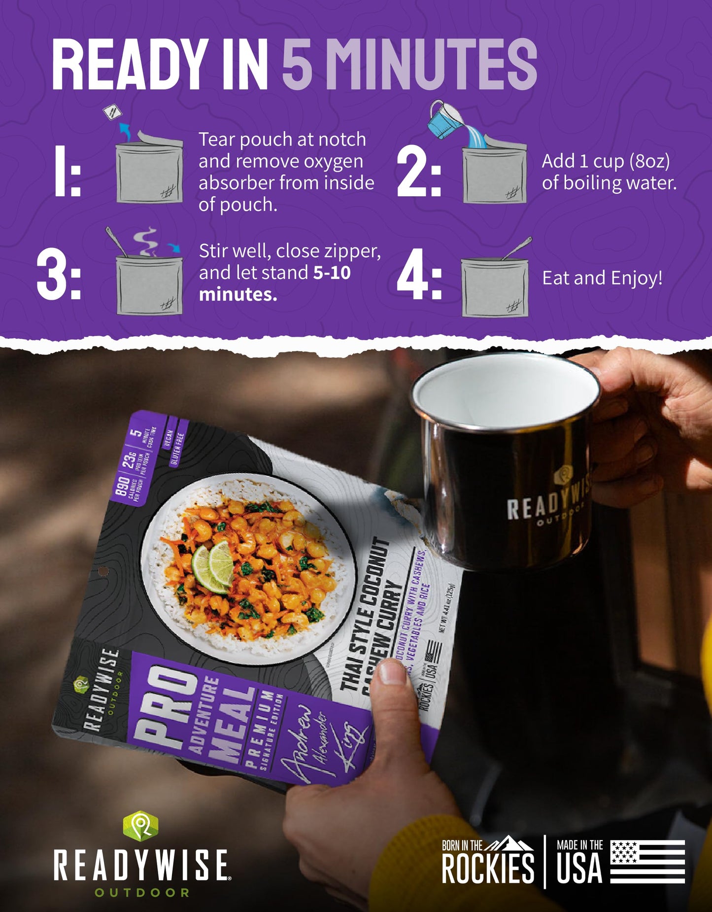 ReadyWise Outdoor Pro Adventure Meal - Breakfast Skillet, 2 Servings, 1 Pouch, Gluten Free, 700 Calories, 36g Protein, Freeze Dried Food & Dehydrated Backpacking Camping Meals, up to 5 Year Shelf Life