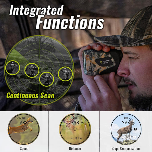 TIDEWE Hunting Rangefinder with Rechargeable Battery, 700/1000Y Camo Laser Range Finder 6X Magnification, Distance/Angle/Speed/Scan Multi Functional Water-Resistant Rangefinder with Case