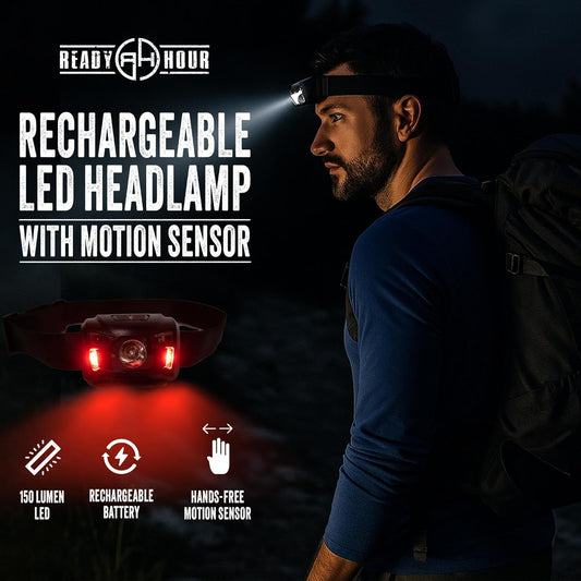 Ready Hour Rechargeable LED Headlamp with Motion Sensor, Hands Free Survival and Camping Light for Emergencies, Blackouts, Hiking, Outdoor Use