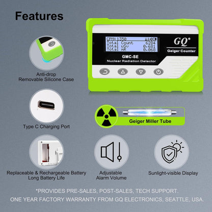 GQ GMC-SE Geiger Counter Radiation Detector Beta Gamma X-ray Portable Radiation Monitor Meter Digital Nuclear Radiation Dosimeter, Automatic Data Recording Device, Drop-Proof Silicone Case (Green)