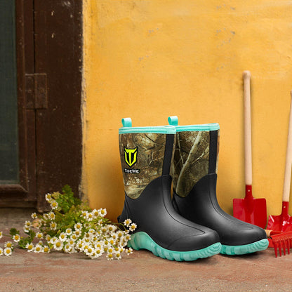 TIDEWE Rubber Boots for Women with Steel Shank, 6mm Neoprene Waterproof Insulated Mid Calf Rain Boots, Sturdy Hunting Work Boots for Farming Gardening Fishing