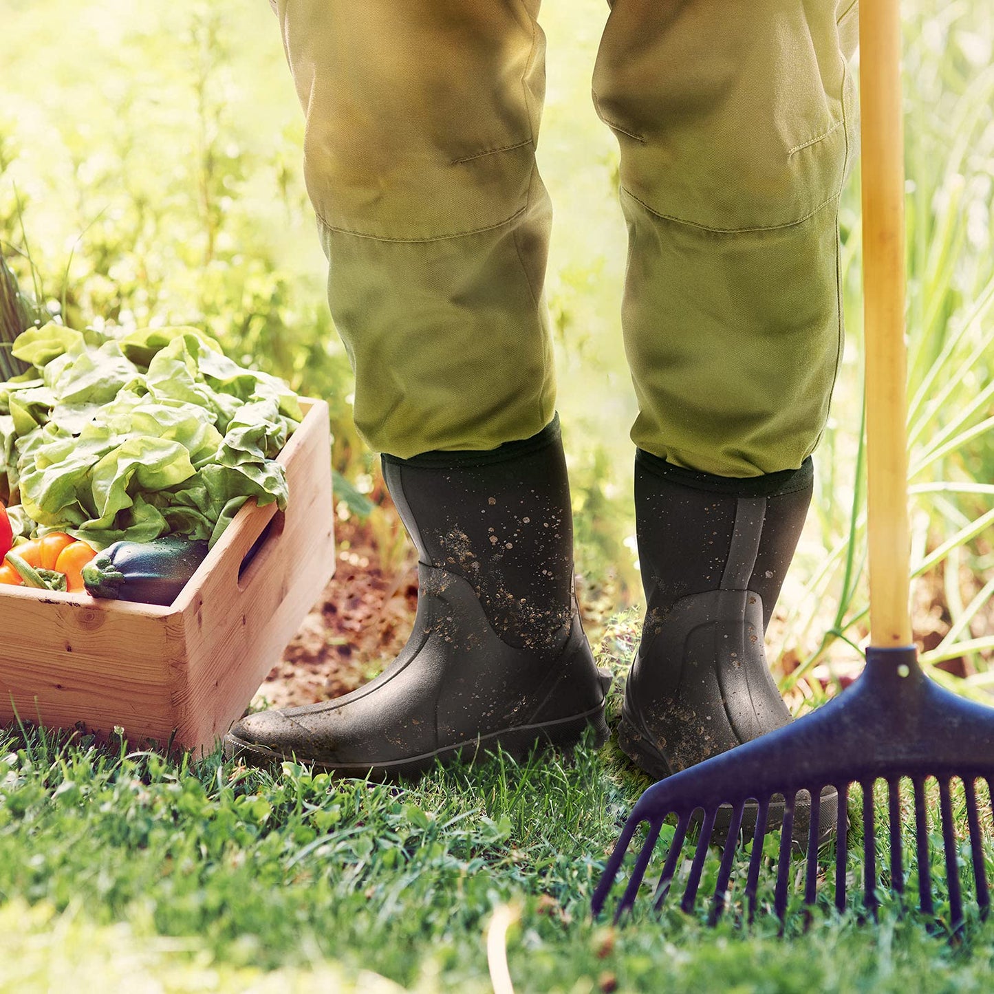TIDEWE Rubber Boots for Men, 5.5mm Neoprene Insulated Rain Boots with Steel Shank, Waterproof Mid Calf Hunting Boots, Sturdy Rubber Work Boots for Farming Gardening Fishing