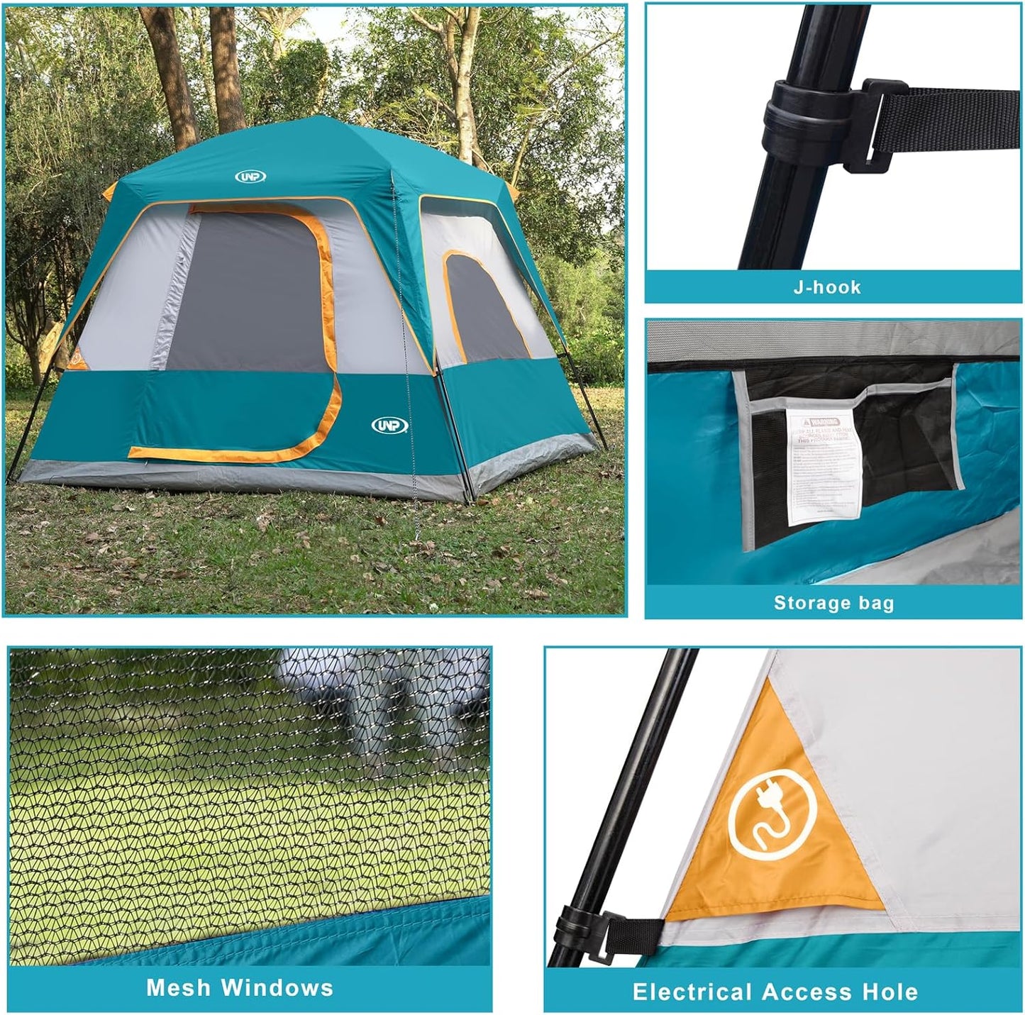 UNP 4 Person Camping Dome and Cabin Tent Easy Set Up, Waterproof with Top Rainfly for Outdoor Camping/Hiking