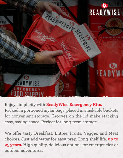 ReadyWise Emergency Survival Gear – Tactical Military Backpack, Camping Essentials Bug Out Bag & Survival Kit, Prepper & Hurricane Supplies, Meal Pouches with up to 25 Year Shelf Life, 64 Piece