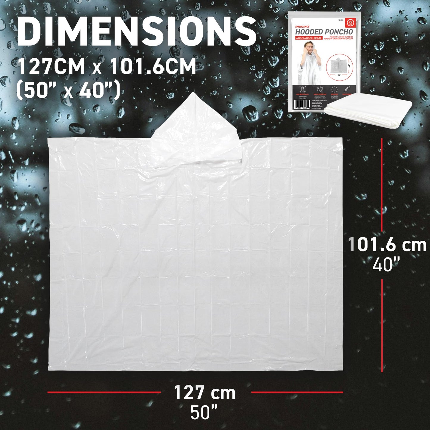 72 HRS Disposable Hooded Rain Poncho - Emergency Disposable Rain Poncho with Hood for Adults