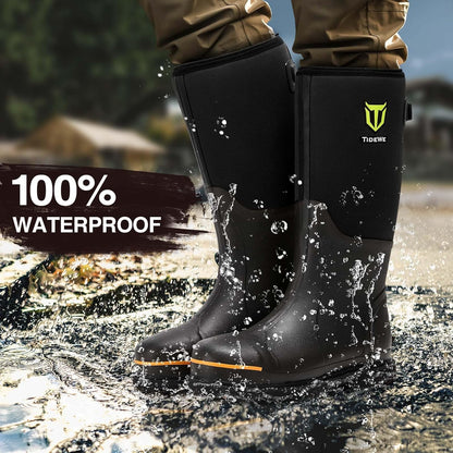 TIDEWE Rubber Work Boot for Men with Steel Toe & Shank, Waterproof Anti Slip Hunting Boot, 6mm Neoprene Hunting Boot for Manufacturing, Construction, Farming, Black,Brown, Size 7-13