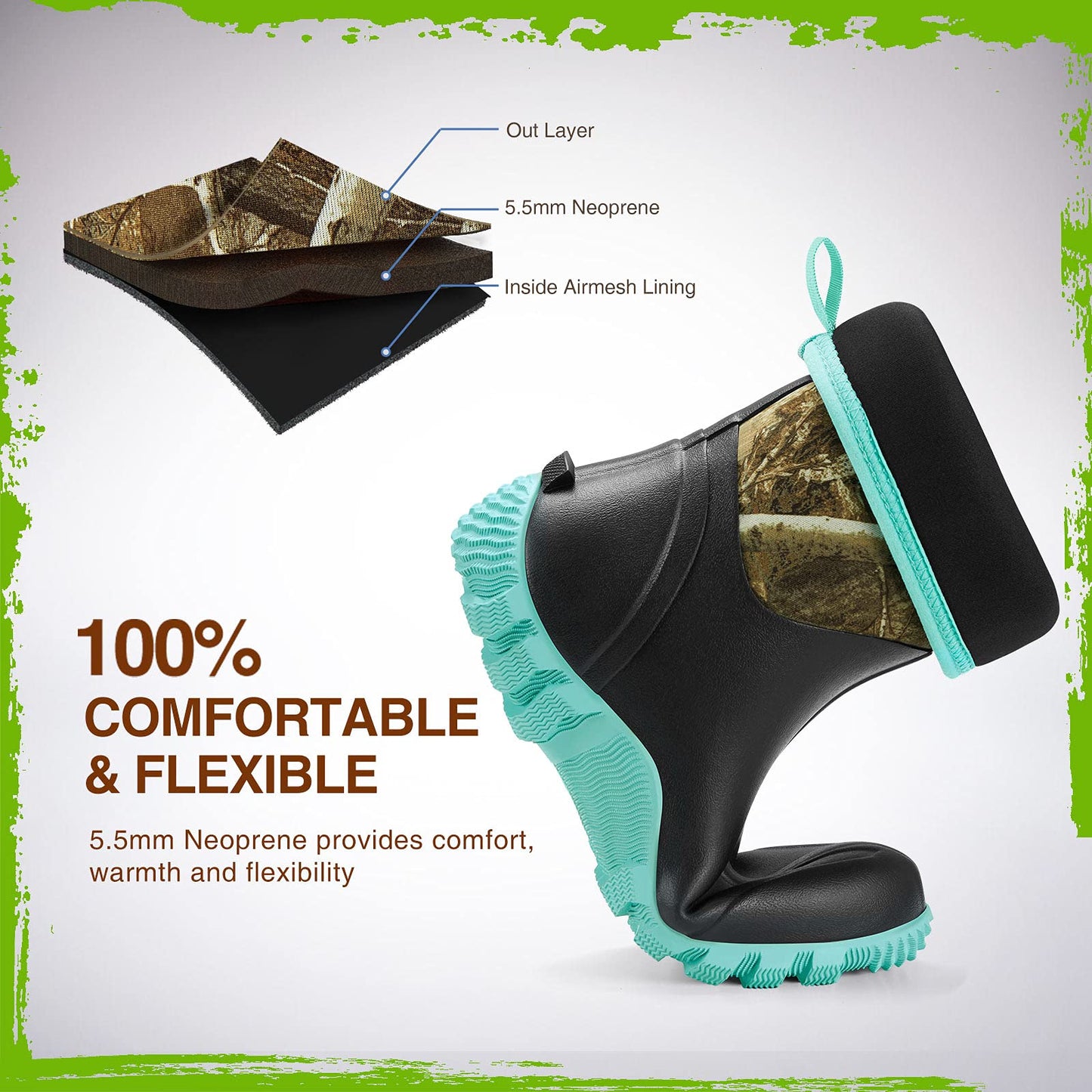 TIDEWE Rubber Boots for Women with Steel Shank, 6mm Neoprene Waterproof Insulated Mid Calf Rain Boots, Sturdy Hunting Work Boots for Farming Gardening Fishing