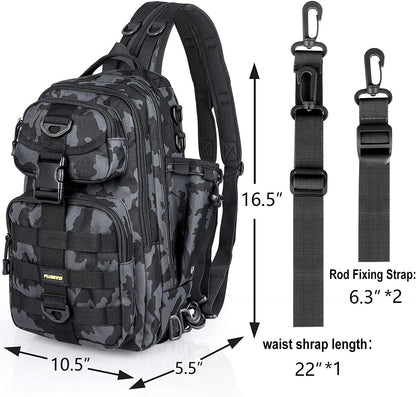 PLUSINNO Fishing Backpack with Tackle Boxes, Waterproof Fishing Sling Tackle Bag For Fishing Gear With Rod Holder, Fishing Gifts for Men With Fishing lures, Fishing pliers, Fish Lip Gripper.