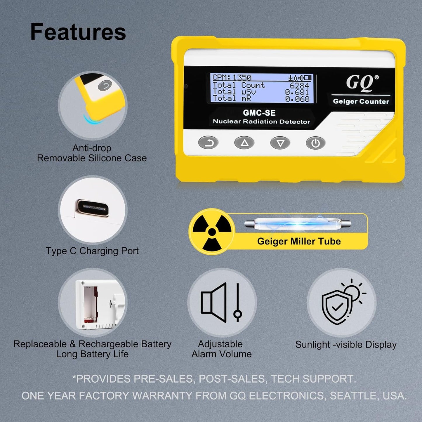 GQ GMC-SE Geiger Counter Radiation Detector Beta Gamma X-ray Portable Radiation Monitor Meter Digital Nuclear Radiation Dosimeter, Automatic Data Recording Device, Drop-Proof Silicone Case (Yellow)