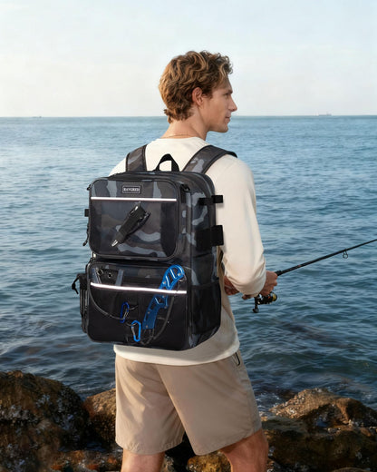 BAVGRED Fishing Backpack with Removable Bait Binder, Large Water Resistant Tackle Bag Storage Gear and Equipment for Fishing, Camping, Hiking, Grey