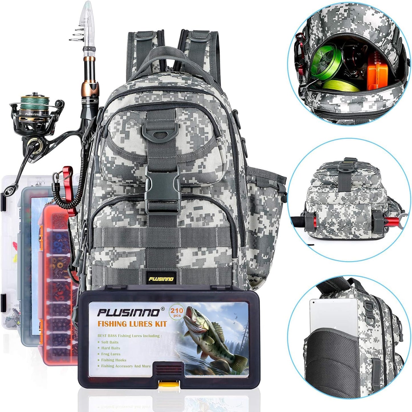 PLUSINNO Fishing Backpack with Fishing Rod and Reel Combos Tackle Boxes, Waterproof Tackle Backpack for Fishing Gear with Rod Holder, Fishing Gifts for Men with Fishing Tool Kit...
