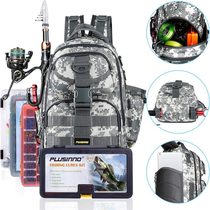 PLUSINNO Fishing Backpack with Fishing Rod and Reel Combos Tackle Boxes, Waterproof Tackle Backpack for Fishing Gear with Rod Holder, Fishing Gifts for Men with Fishing Tool Kit...