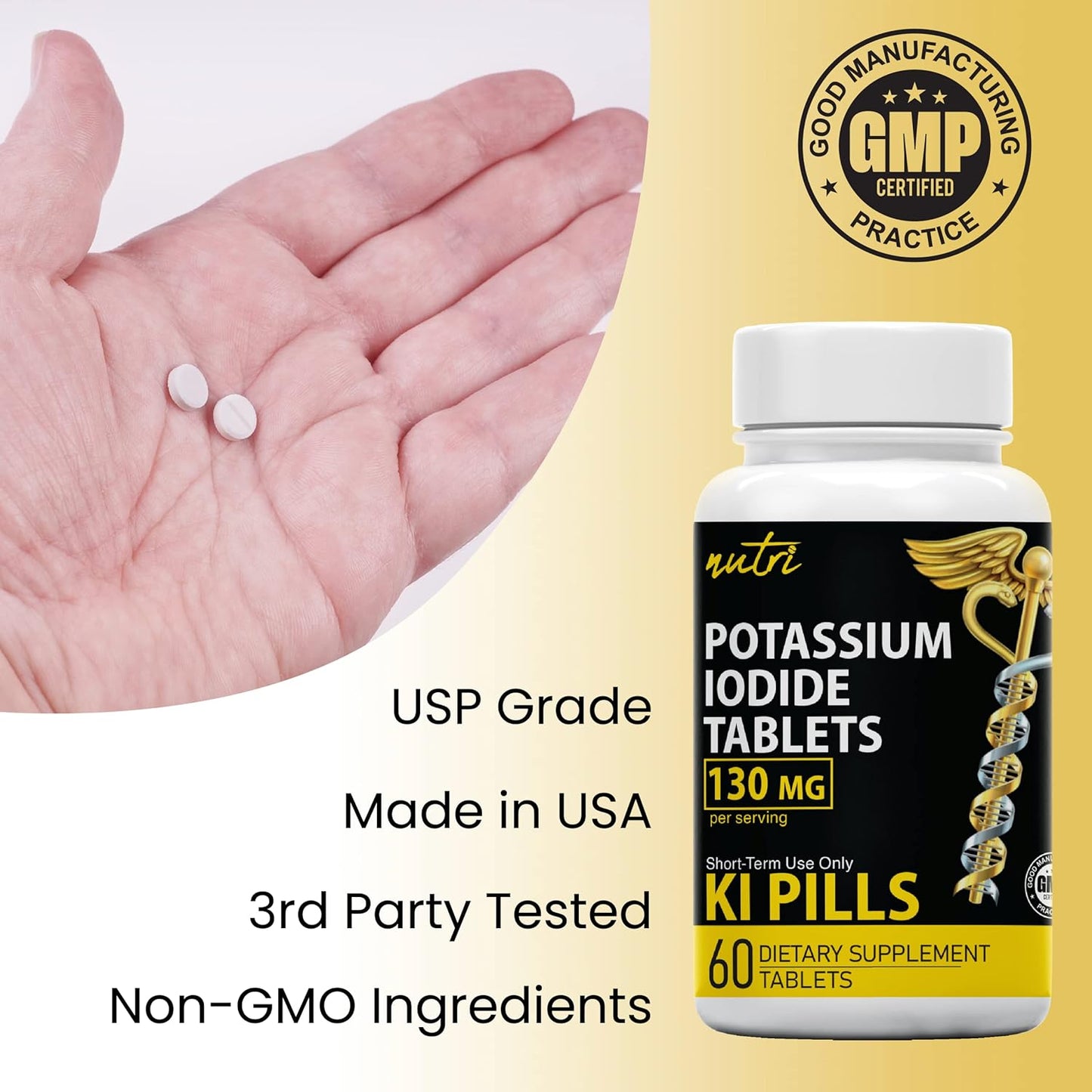 Potassium Iodide Tablets 130 mg - (60 Tablets) 10 Year Shelf-Life EXP 2034 to 2035 - Ki Pills - Yoduro de potasio - Nutri Supplements - 3rd Party Tested - NSF cGMP Certified Facility - Shelf Stable
