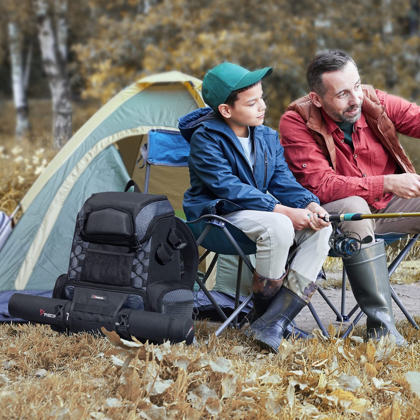 Piscifun Fishing Tackle Backpack with Rod Holders & 4 Tackle Boxes, 42L Outdoor Fishing Bag with Waterproof Rain Cover