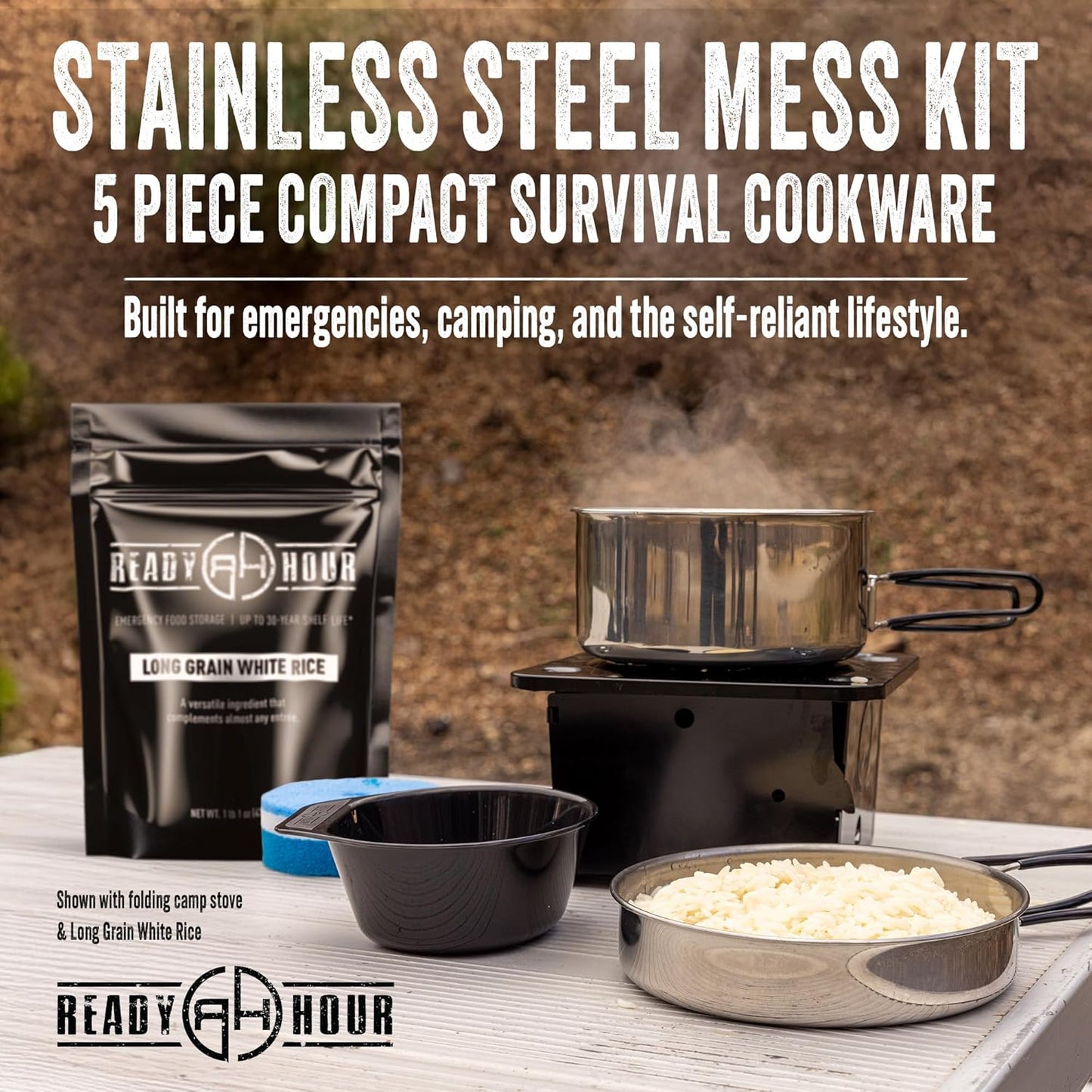 Stainless Steel Mess Cooking Kit by Ready Hour - 5 Piece Compact Survival Cookware Set with Pot Pan Mug Scrubber and Carry Bag. Camping, Survival, Backpacking, Outdoor Cooking.