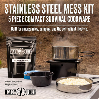 Stainless Steel Mess Cooking Kit by Ready Hour - 5 Piece Compact Survival Cookware Set with Pot Pan Mug Scrubber and Carry Bag. Camping, Survival, Backpacking, Outdoor Cooking.