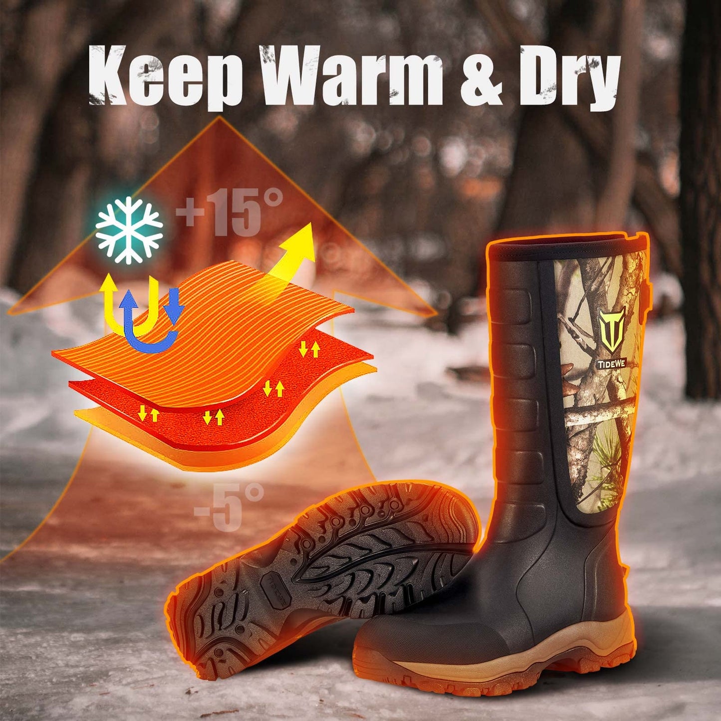TIDEWE Hunting Boots Snake Proof for Men, Waterproof Insulated Warm Rubber With Steel Shank, 5mm Neoprene Lightweight Outdoor, Sturdy Work for Farming Gardening