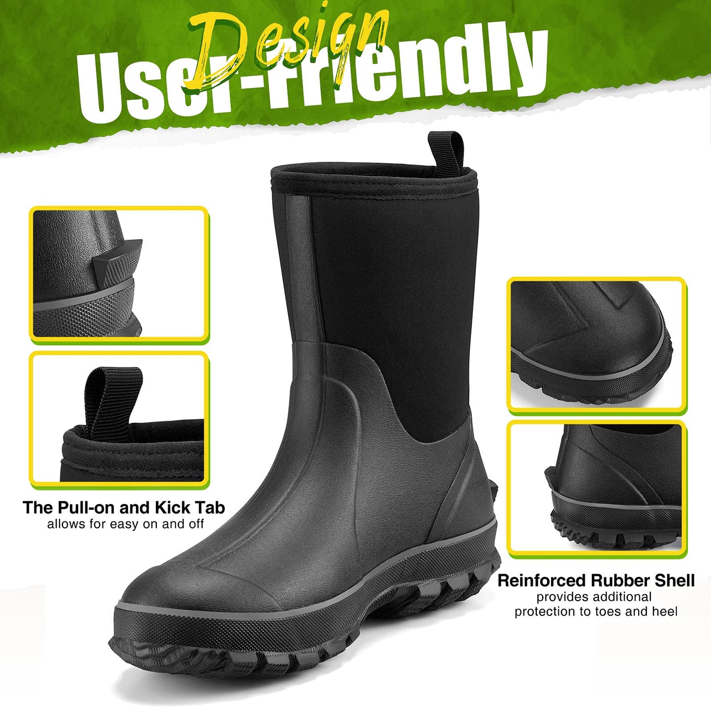 TIDEWE Rubber Boots for Men, 5.5mm Neoprene Insulated Rain Boots with Steel Shank, Waterproof Mid Calf Hunting Boots, Sturdy Rubber Work Boots for Farming Gardening Fishing