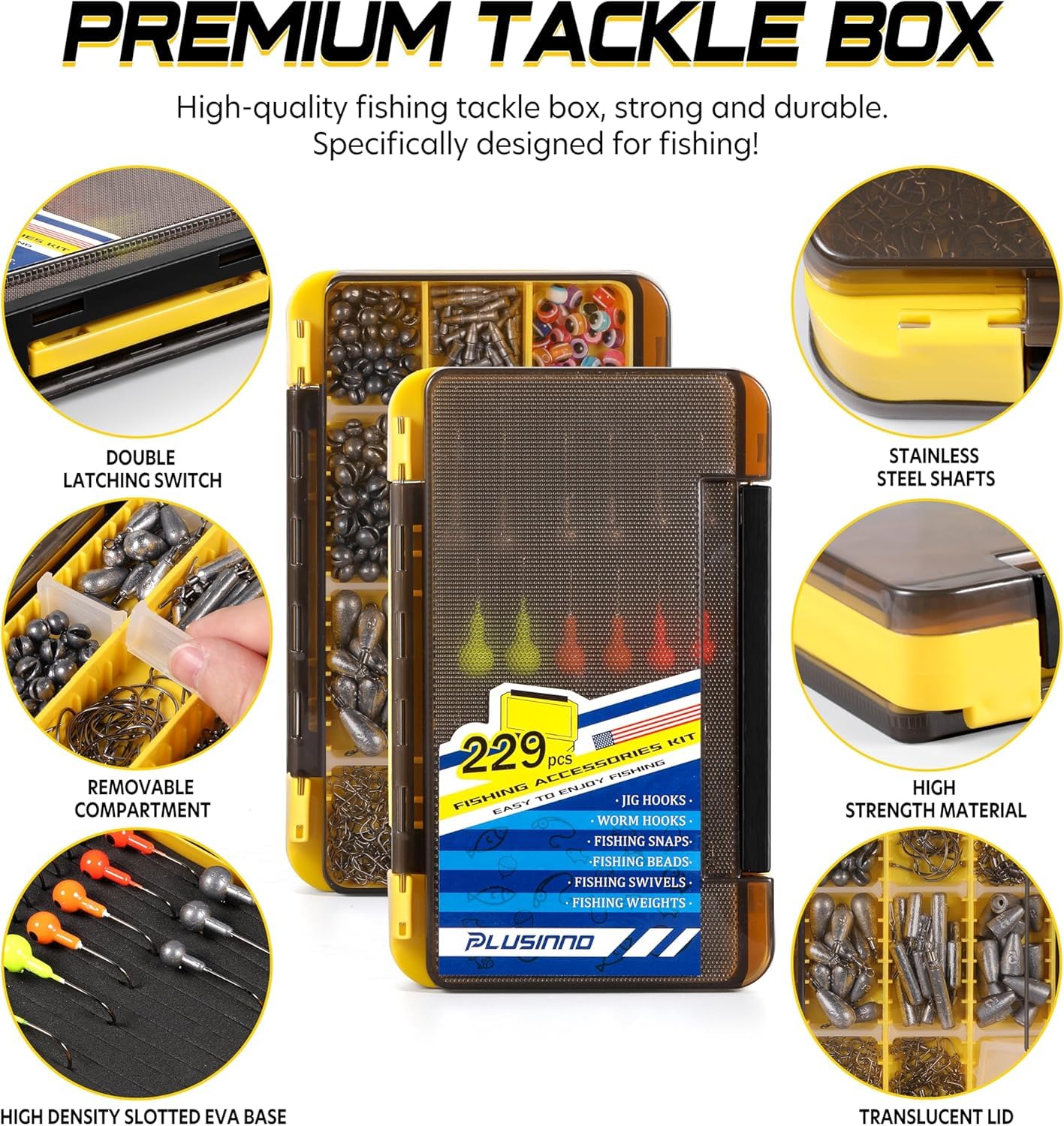 PLUSINNO 253/387pcs Fishing Gear Accessories Kit, Fishing Tackle Box with Tackle Included, Fishing Hooks, Fishing Weights Sinkers, Spinner Blade, Fishing Equipment for Bass Trout Bluegill Crappie