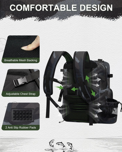 BAVGRED Fishing Backpack with Removable Bait Binder, Large Water Resistant Tackle Bag Storage Gear and Equipment for Fishing, Camping, Hiking, Grey