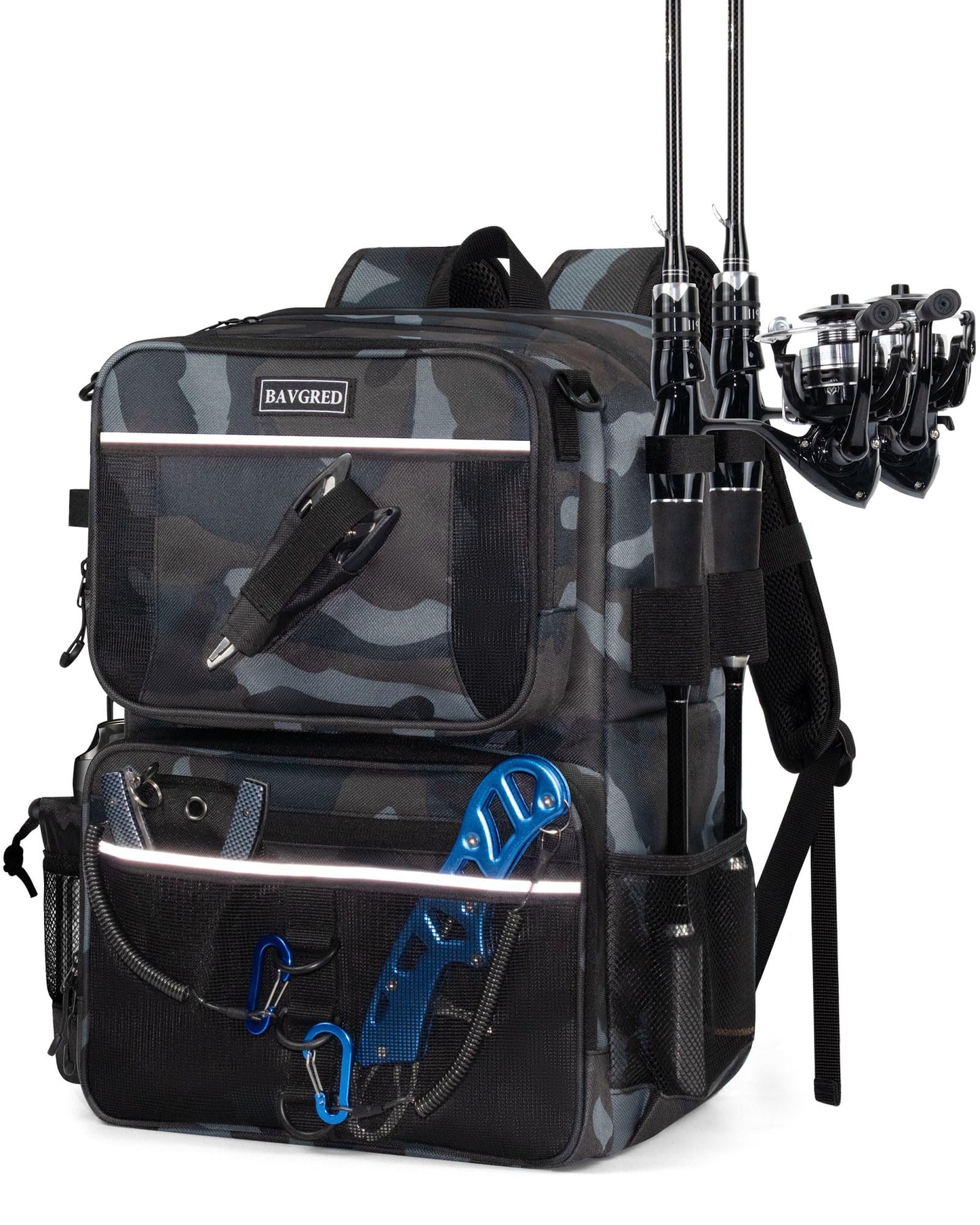 BAVGRED Fishing Backpack with Removable Bait Binder, Large Water Resistant Tackle Bag Storage Gear and Equipment for Fishing, Camping, Hiking, Grey