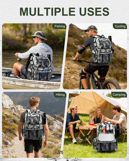 BAVGRED Fishing Backpack, Large Water Resistant Tackle Bag Storage Fishing Gear and Equipment, Built-in Cooler Compartment Grey